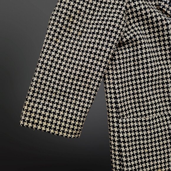 Vintage 80s Long Houndstooth Coat Womens Size M Black Beige Leather Collar - Picture 4 of 11